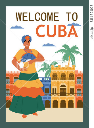 Cuba travel banner with woman in national costume, flat vector illustration. 86172003