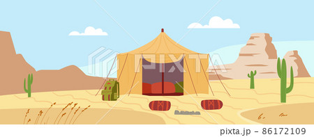 Bedouin shelter tent in desert landscape, flat cartoon vector illustration. 86172109