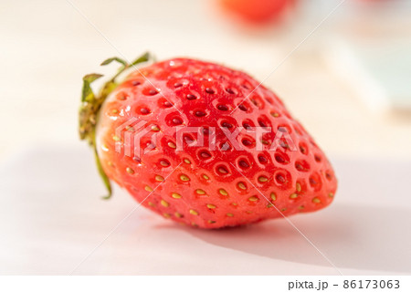 いちご1粒 イチゴの種 クローズアップの写真素材