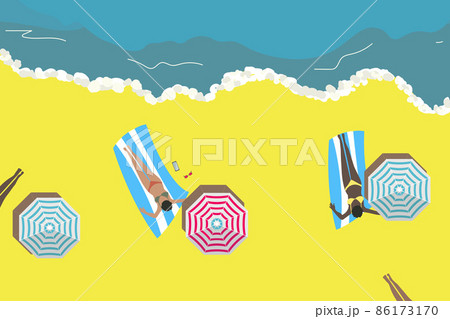 People at beach or seashore relaxing and performing leisure outdoor activities - sunbathing, swimming in sea or ocean. Flat cartoon vector illustration. 86173170