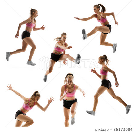 Mosaic of movements. Collage made of images of professional female athlete in sports uniform isolated on white studio background. 86173684