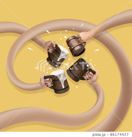 Colorful design. Contemporary art collage of four long hands clinking wooden mugs filled with foamy beer isolated over yellow background Colorful design. Contemporary art collage of four long hands clinking wooden mugs filled with foamy beer isolated over yellow background 86174427