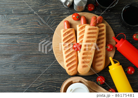 Concept of tasty food with french hot dog 86175481