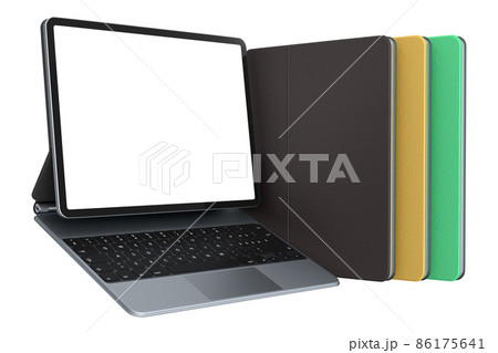 Set of computer tablet with keyboard and blank screen isolated on white. 86175641