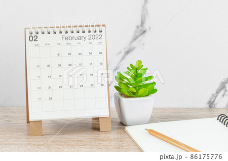 February 2022 desk calendar with plant on wooden table. 86175776