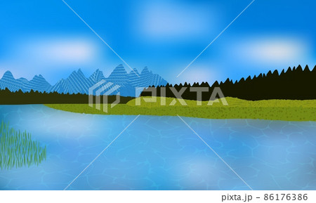 Beautiful summer day outdoor, water reflecting clouds, greenery, mountains in the distance. Beautiful summer day outdoor, water reflecting clouds, greenery, mountains in the distance. 86176386