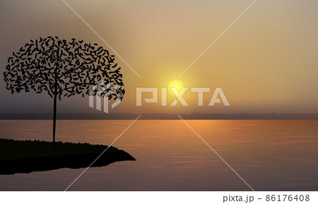 Beautiful golden sunset over the ocean with lonely silhouette of the tree standing on a hill. Beautiful golden sunset over the ocean with lonely silhouette of the tree standing on a hill. 86176408