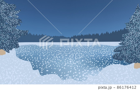 Frozen water covered with snow surrounded by fir trees, beautiful winter night. 86176412