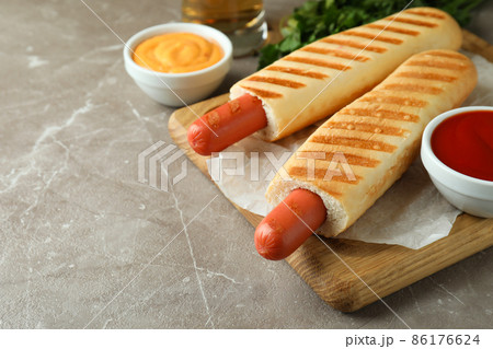 Concept of tasty food with french hot dog 86176624