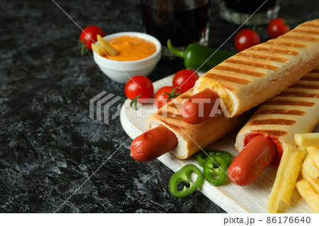 Concept of tasty food with french hot dog 86176640