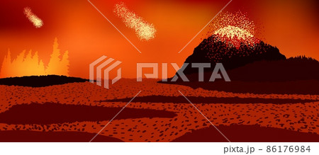 Apocalypse. Apocalyptic scene, erupting volcano, approaching comets, red sky and fire in the distance. Apocalypse. Apocalyptic scene, erupting volcano, approaching comets, red sky and fire in the distance. 86176984