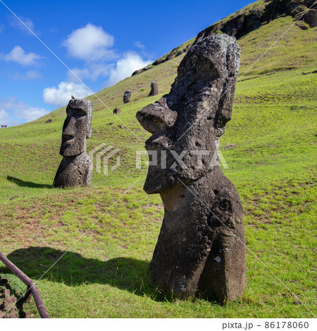 Moai stone sculptures at Rano Raraku, Easter island, Chile. Moai stone sculptures at Rano Raraku, Easter island, Chile. 86178060