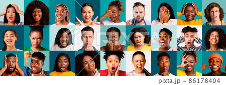 Collection of male and female emotional portraits, millennials showing emotions 86178404