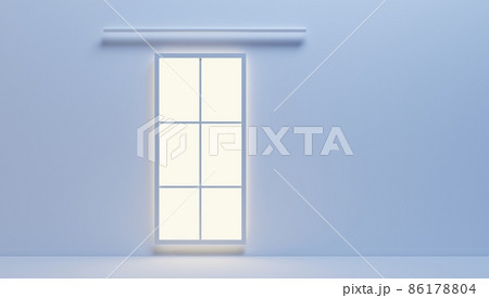 3d render, empty room with glass large window and cornice, front view. Realistic interior with blue wall and floor in office, studio, modern living room in house or apartment. Modern minimal concept 3d render, empty room with glass large window and cornice, front view. Realistic interior with blue wall and floor in office, studio, modern living room in house or apartment. Modern minimal concept 86178804