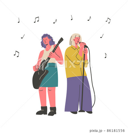 Musicians playing the guitar and singing on stage. Musical performance or show. Music band live concert. Vector 86181556