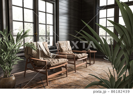 Modern interior japandi design dark living room. Sunny apartment with large windows and armchairs. Hampton style 3d render illustration. Modern interior japandi design dark living room. Sunny apartment with large windows and armchairs. Hampton style 3d render illustration. 86182439