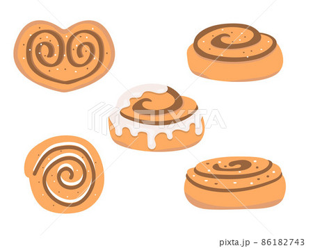 Cinnamon bun set. Sweet roll with sugar, glaze and chocolate, isolated on white background. Vector illustration 86182743
