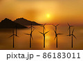 Wind turbines, ecological power generators, standing in the water with distant mountains. Beautiful golden sea sunset. 86183011
