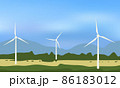 Wind turbines, ecological power generators, standing on the green camp with distant mountains. 86183012