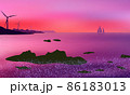 Beautiful mauve sunset with wind power generators on distant hills and sailing yacht. Rocky shore and sea foam. 86183013