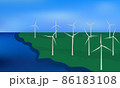 Wind turbines, ecological power generators, standing on a green beach. 86183108