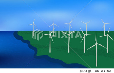 Wind turbines, ecological power generators, standing on a green beach. 86183108