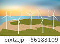 Wind turbines, ecological power generators, standing on a beach with sand and grass. 86183109
