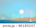 Wind turbines, ecological power generators, standing on the hills. Sea beach view with rocks and sailing yachts. 86183247