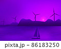Wind turbines, ecological power generators, standing on the hills. Beautiful starry night on a Sea beach with rocks and sailing yacht. 86183250