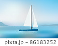 Sailing yacht on sea waves with mountains view in daylight. 86183252