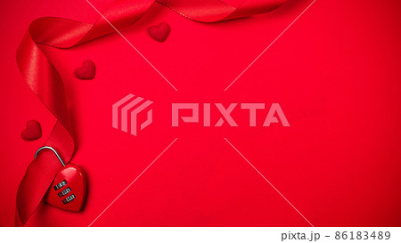 Valentine day love beautiful. Red heart, romantic gift on love red background with copy space. Valentines day decoration flatlay banner. 86183489