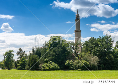 Minaret-observation tower in Moorish revival architecture style in Lednice-Valtice complex under reconstruction. 86183544