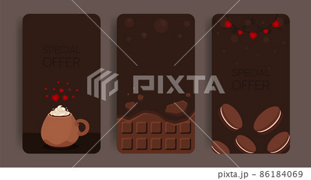 Set of vertical banners with chocolate and big hot drink cup. Valentines flyer design. Advertisign template. Stories desing pack. Heart decorations Set of vertical banners with chocolate and big hot drink cup. Valentines flyer design. Advertisign template. Stories desing pack. Heart decorations 86184069