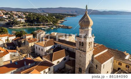 Aerial view of historic Adriatic town of Krk , Island of Krk, Kvarner bay of Adriatic sea, Croatia, Europe 86184090