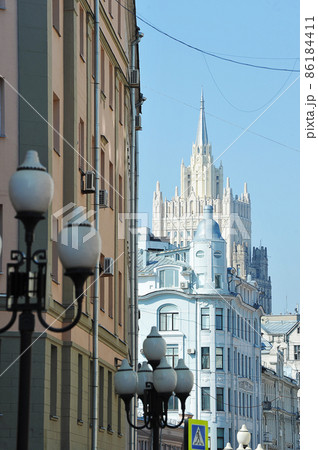 view of the high-rise of the Ministry of Foreign Affairs from the Old Arbat in Moscow 86184411