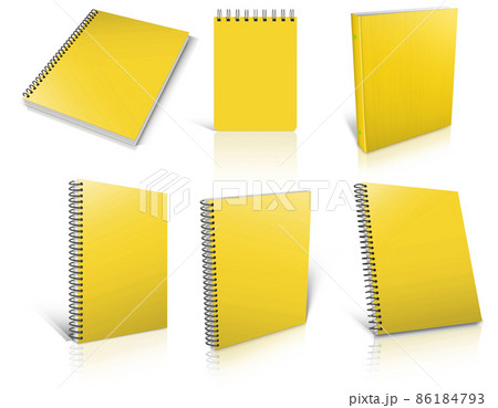 Six yellow spiral blank notepad on white. Six yellow spiral blank notepad on white. 86184793