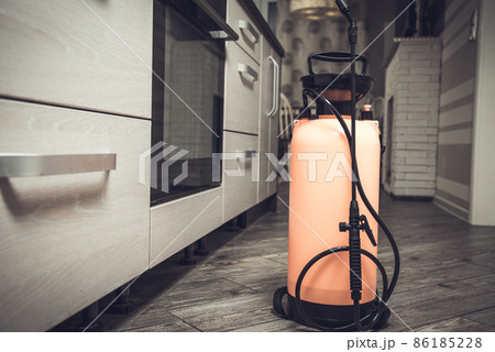 Spray gun with pesticides close-up. An exterminator in work clothes sprays pesticides from a spray bottle. Fight against insects in apartments and houses. Disinsection of premises 86185228