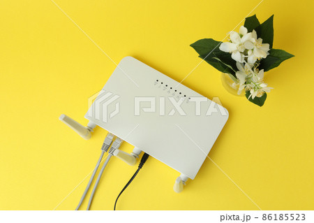 Wi-Fi router and flowers on yellow background 86185523
