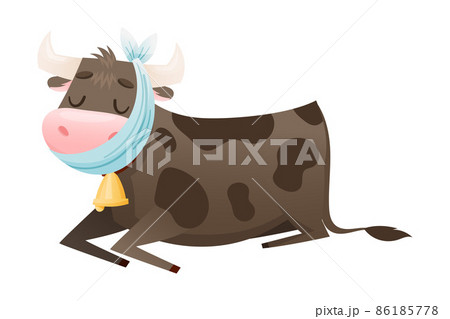Sick cow farm animal. Sad lying calf with bandage on its head suffering from toothache or headache cartoon vector illustration 86185778