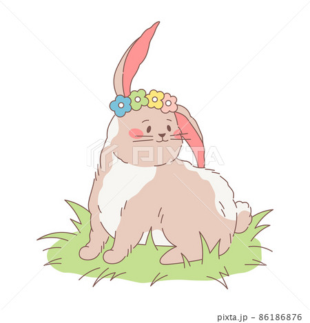 Cute fluffy easter rabbit with a wreath of flowers. Vector illustration of plump hand drawn beige and white beauty bunny. Cartoon style design. 86186876