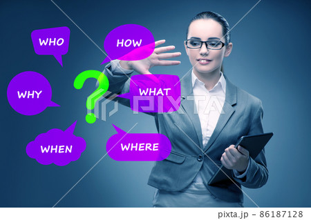 Concept of many different questions asked with businesswoman 86187128