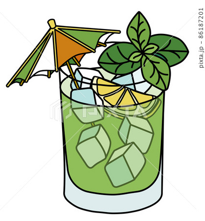 Saint Patricks Day special gin basil smash green cocktail with lemon and Irish flag umbrella decoration. Doodle cartoon vector illustration isolated on white background Saint Patricks Day special gin basil smash green cocktail with lemon and Irish flag umbrella decoration. Doodle cartoon vector illustration isolated on white background 86187201