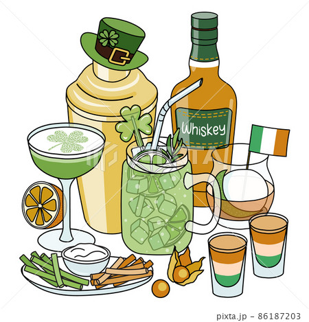 Saint Patricks Day cocktail composition with various drinks in glasses, leprechaun hat shaker, whiskey bottle, snacks and appetizers, Irish flag and shamrock clover decor. Doodle cartoon style. 86187203