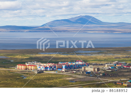 Summer aerial view of a northern settlement in the Arctic 86188952