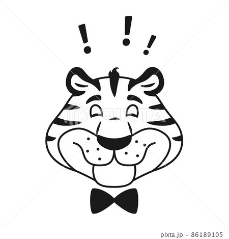 Black and white outline smiling tiger head. Happy cartoon animal character portrait isolated on white background. Cute striped wild cat face. Holiday line illustration for kids coloring page. 86189105