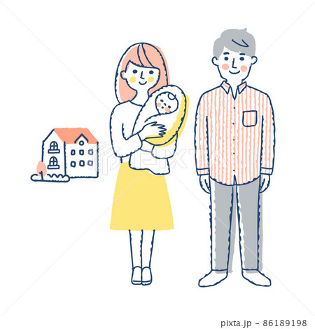 家の前で立っている若い夫婦と赤ちゃん 86189198