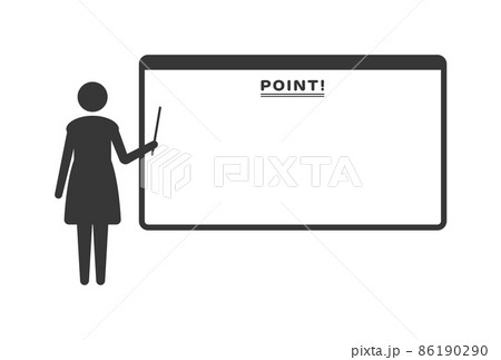 ホワイトボードの前に立って説明する人の素材 女性のピクトグラム アイコン Point の文字入りのイラスト素材