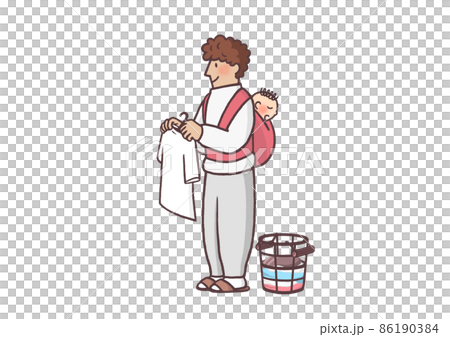 Stay-at-home dad (no background) to piggyback a sleeping baby and dry the laundry 86190384