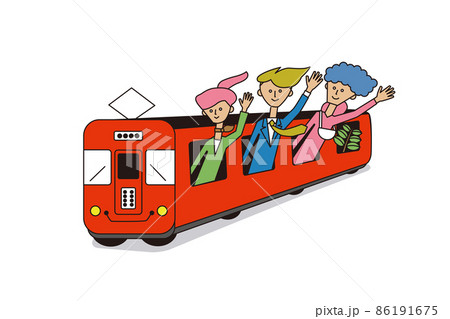 電車の窓から手を振る人のイラスト素材