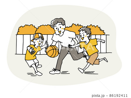 家族でバスケットボールをしている様子 運動が習慣の健康で幸福な家族 コミカルな手書きの人物のイラスト素材